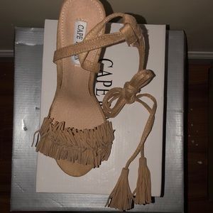 SOLD! nude fringe lace up heels